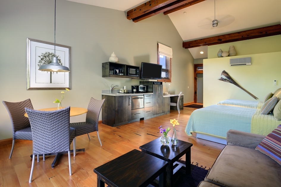Modern hotel room with two queen beds