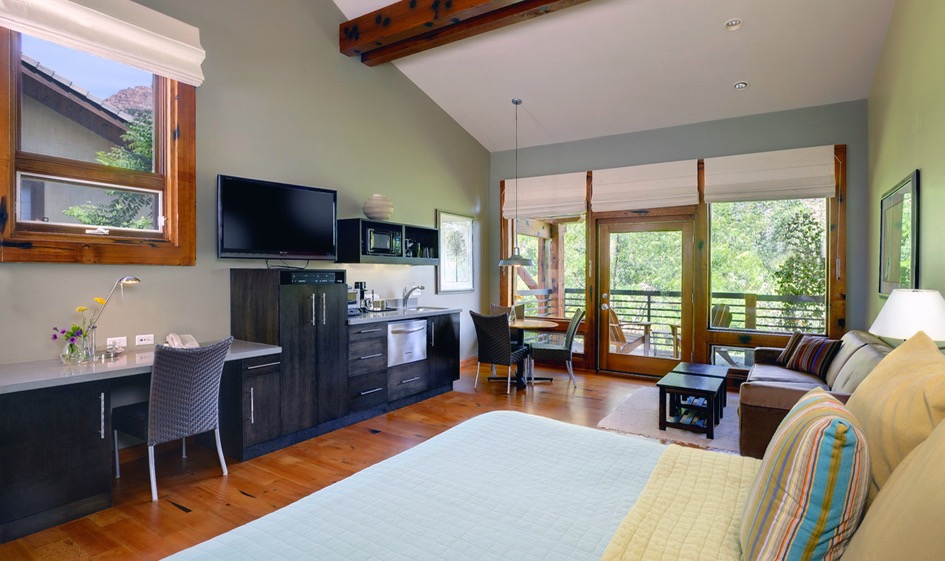 Modern hotel room with large windows
