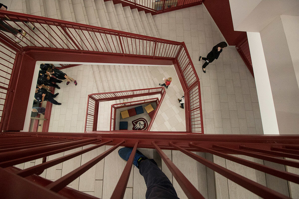 View down spiraling staircase