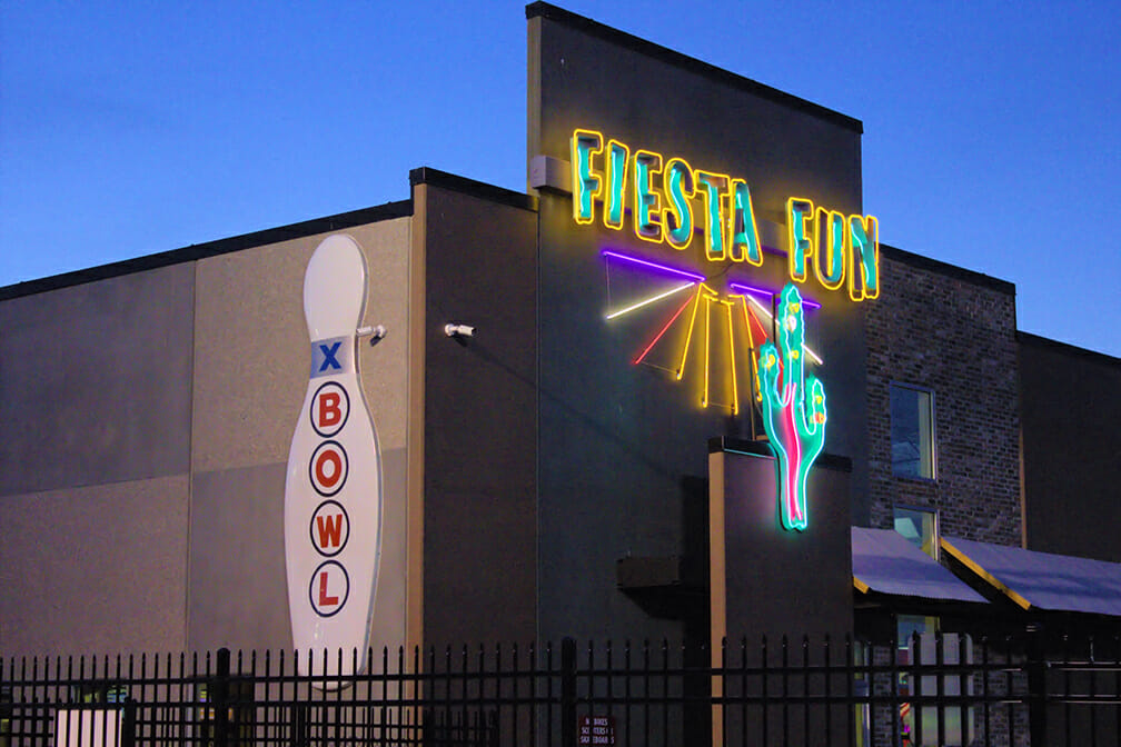 Entrance sign to Fiesta Fun Family Center Bowling