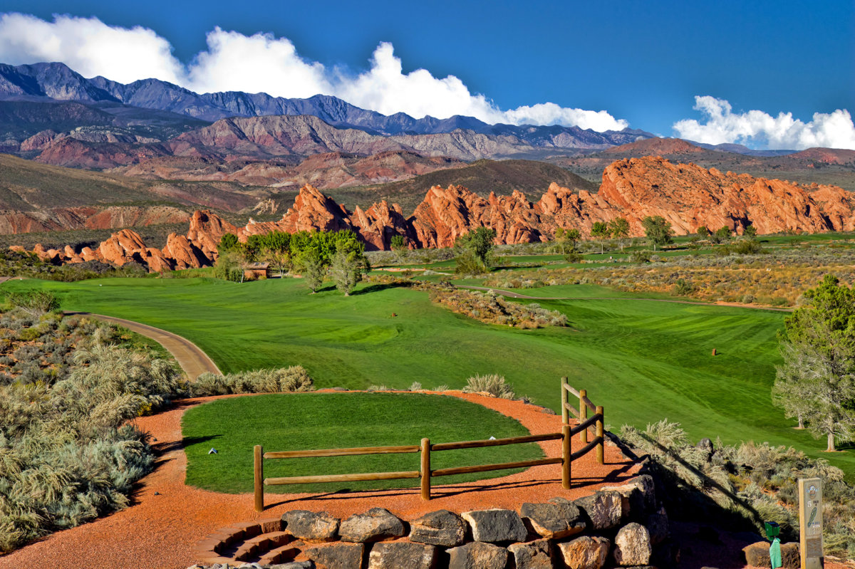 Desert golf course with blue sky