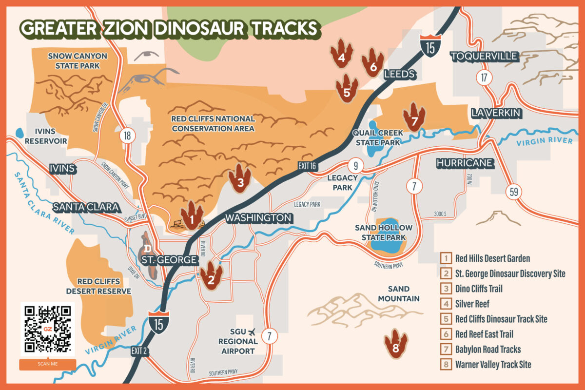 Map of Greater Zion showcasing dinosaur print locations. 