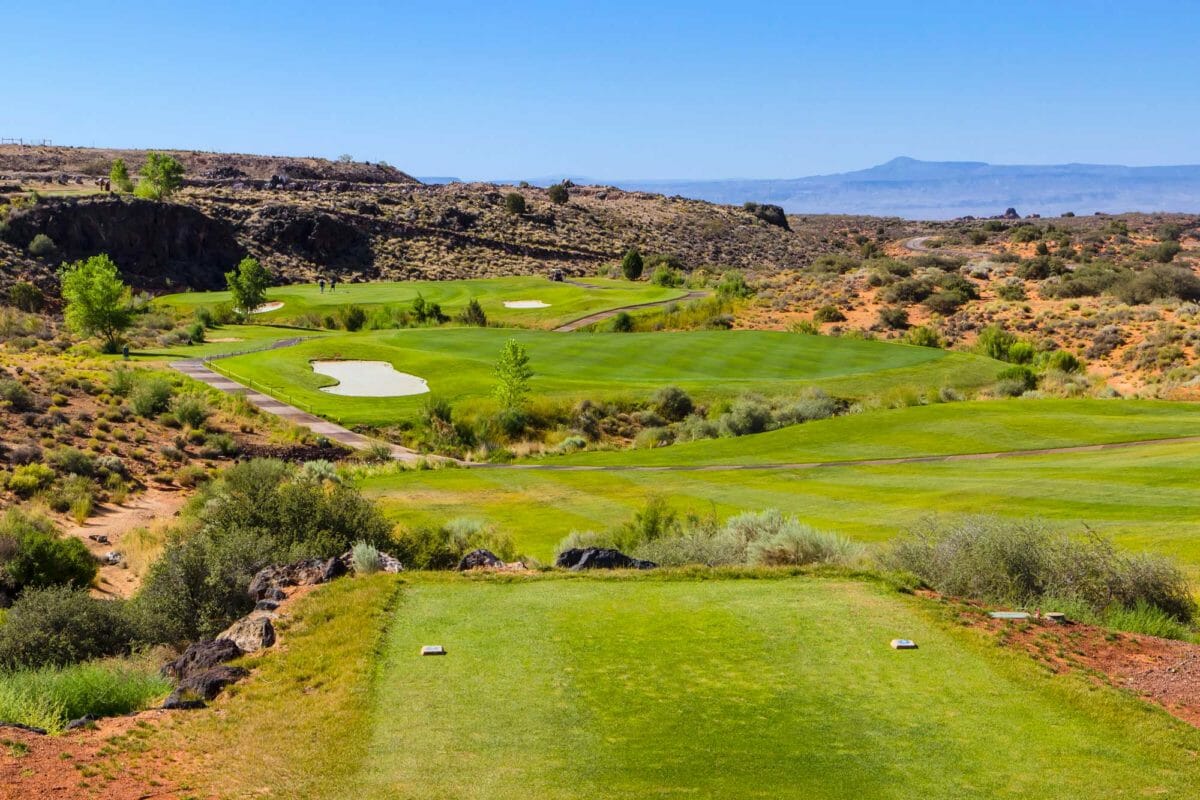 View of golf course from an elevated tee.