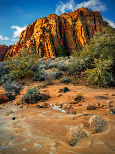 Water flowing below large red cliffs. Photo Credit: Nathan Wotkyns
