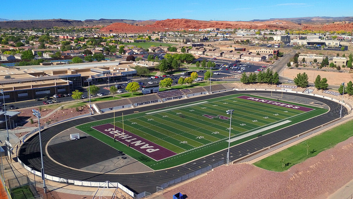 Aerial view of high school football field