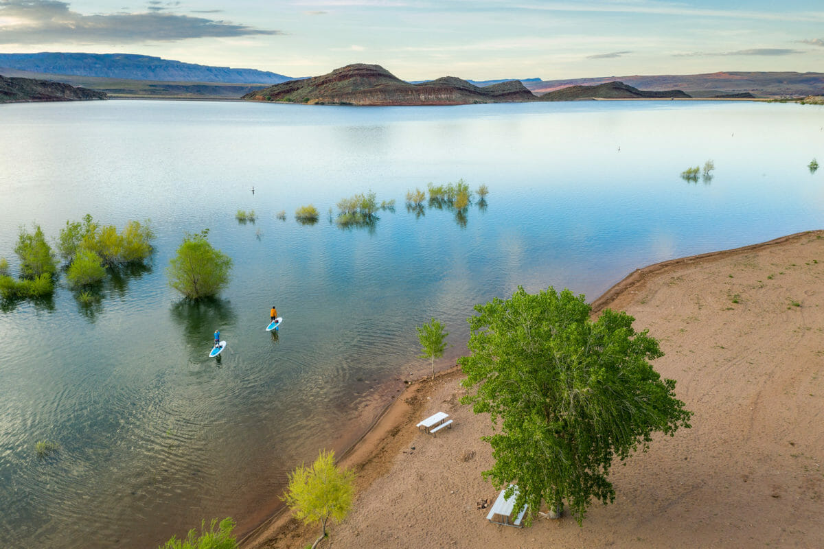 Aerial view of couple paddleboarding on lake