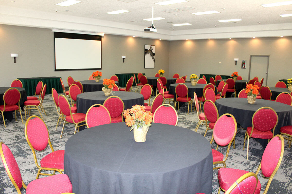 Conference room setting in hotel with red chairs