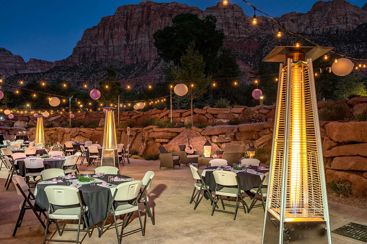Outdoor event setting with lights