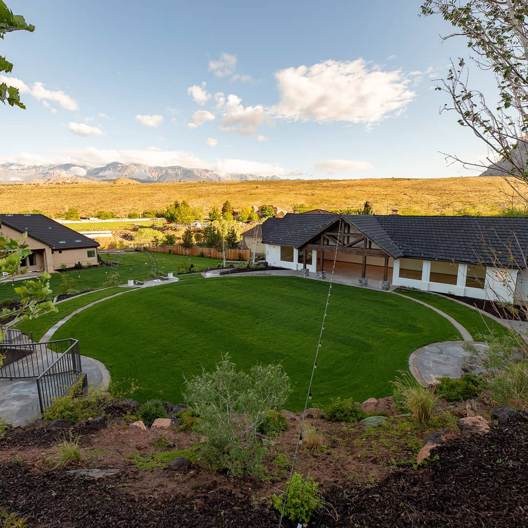 Aerial view of grass courtyard at mountain venue