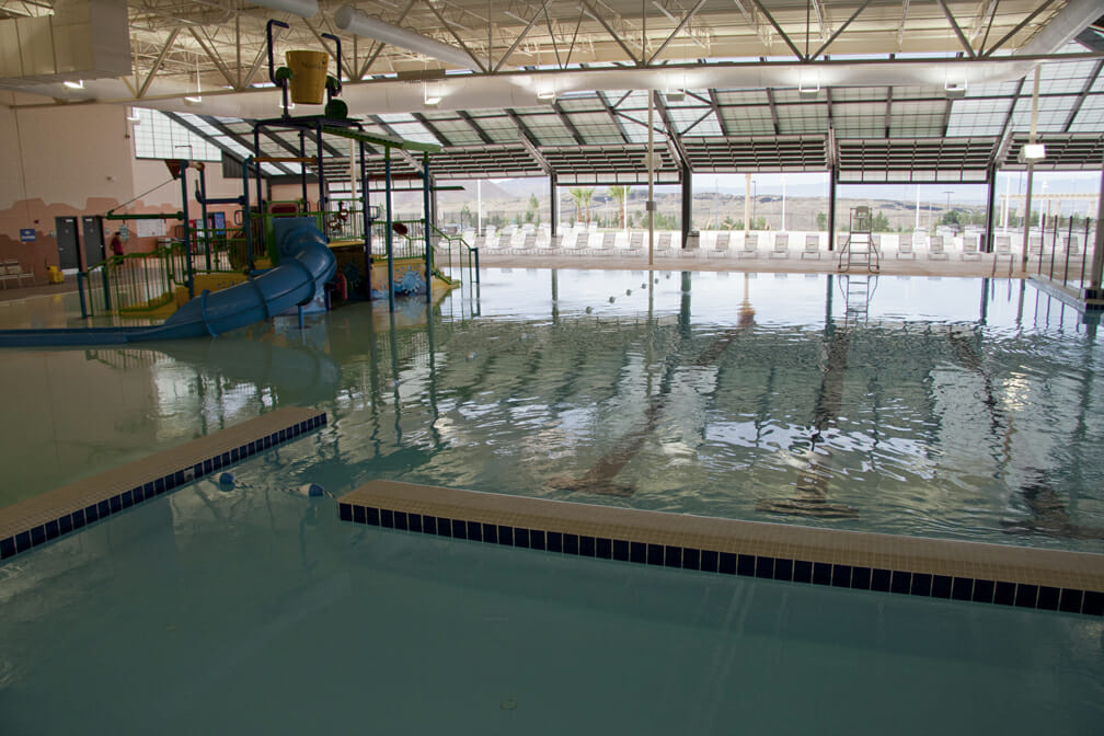 Wide view of shallow pool with playground